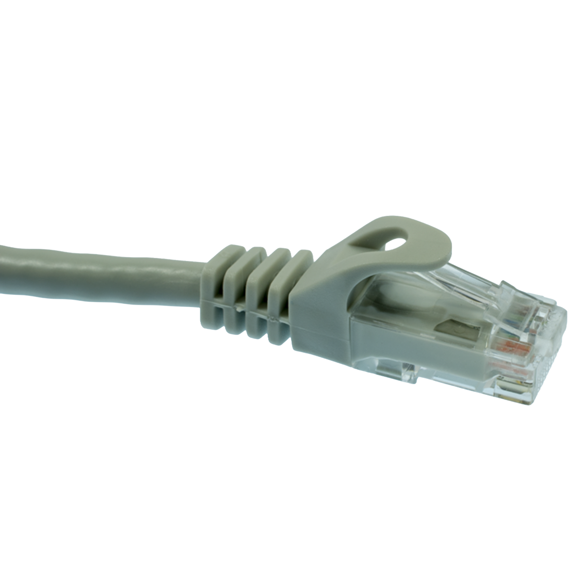 Gray Cat6 Ethernet cable on a white background