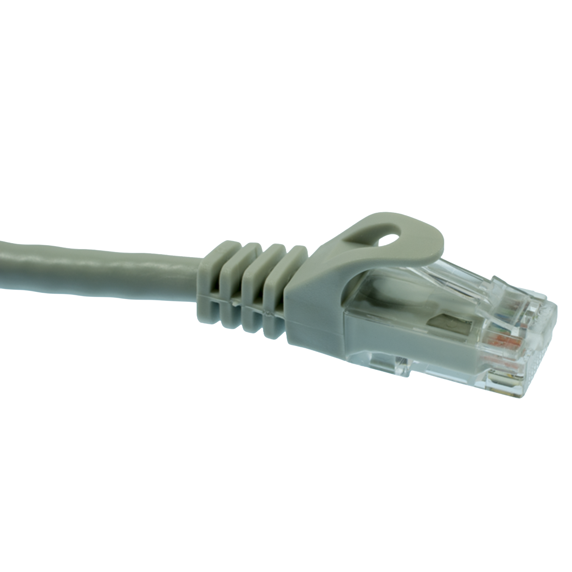 Gray Cat6 Ethernet cable on a white background