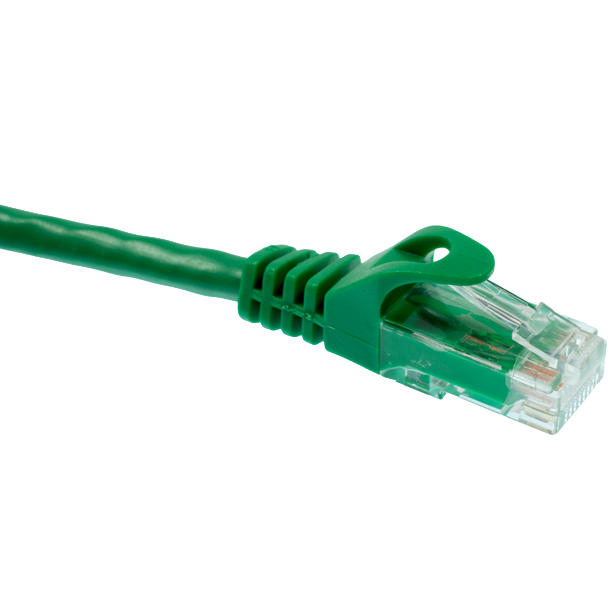 Green Cat6 Ethernet cable with clear connector on a white background