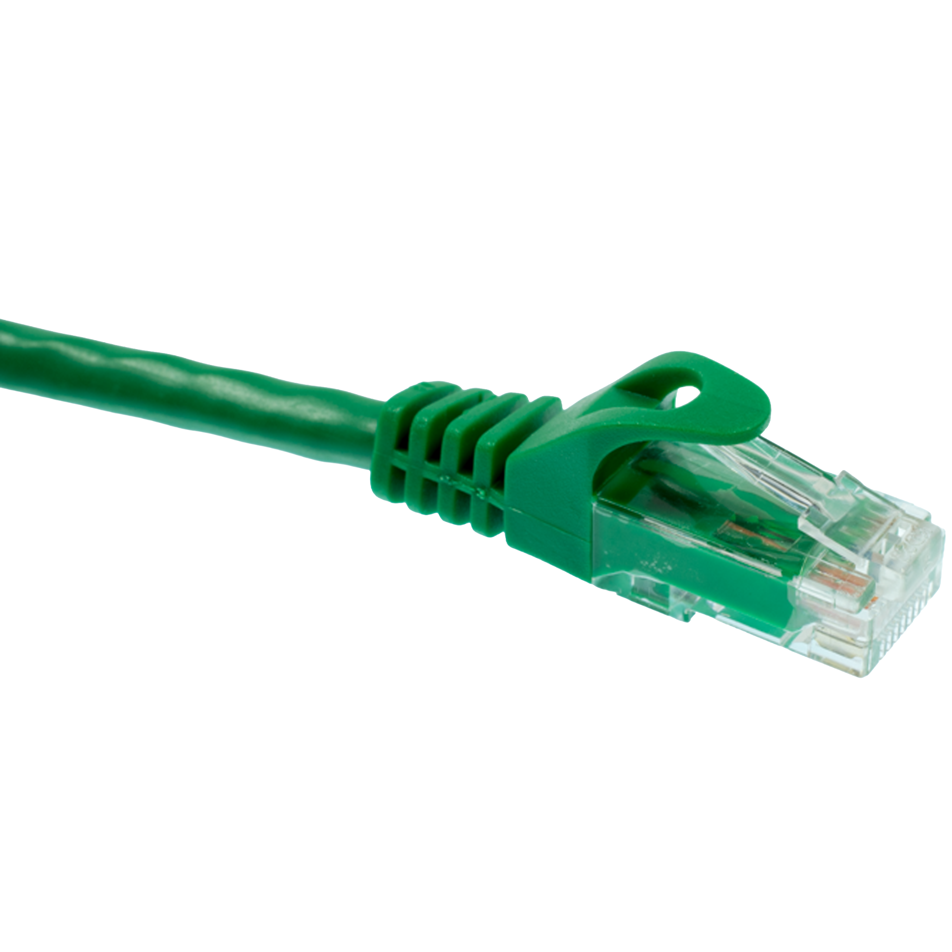 Green Cat6 Ethernet cable with clear connector on a white background