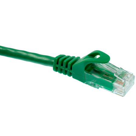 Green Cat6 Ethernet cable with clear connector on a white background