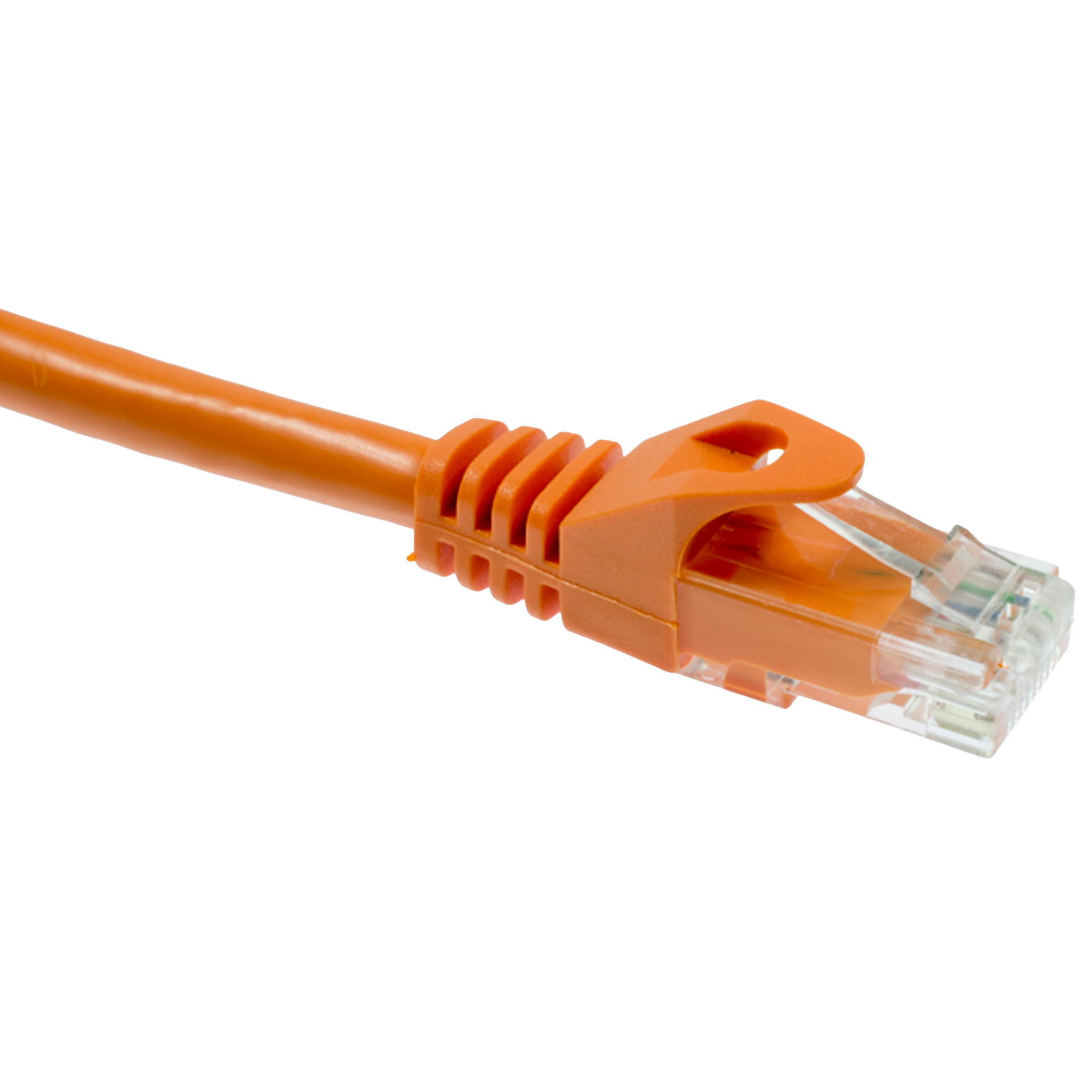 An Orange Cat6 Ethernet cable with clear connector on a white background
