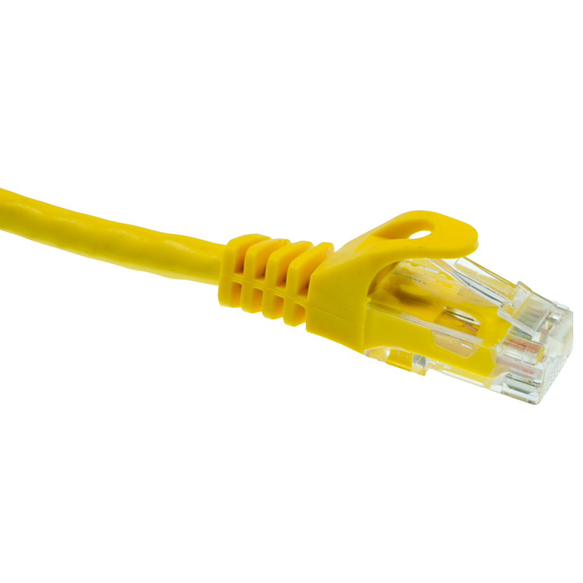 Yellow Cat6 Ethernet cable on a white background