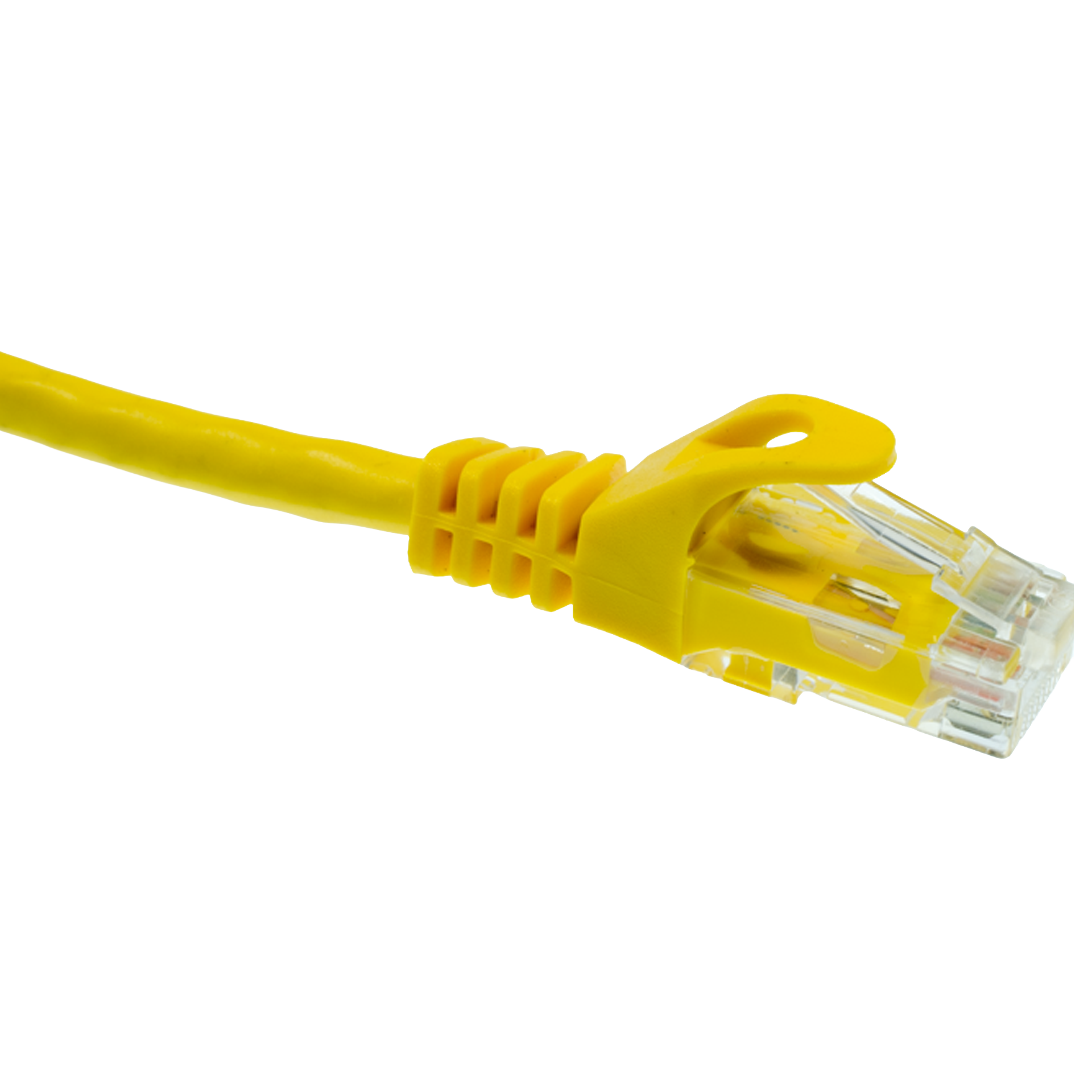 Yellow Cat6 Ethernet cable on a white background