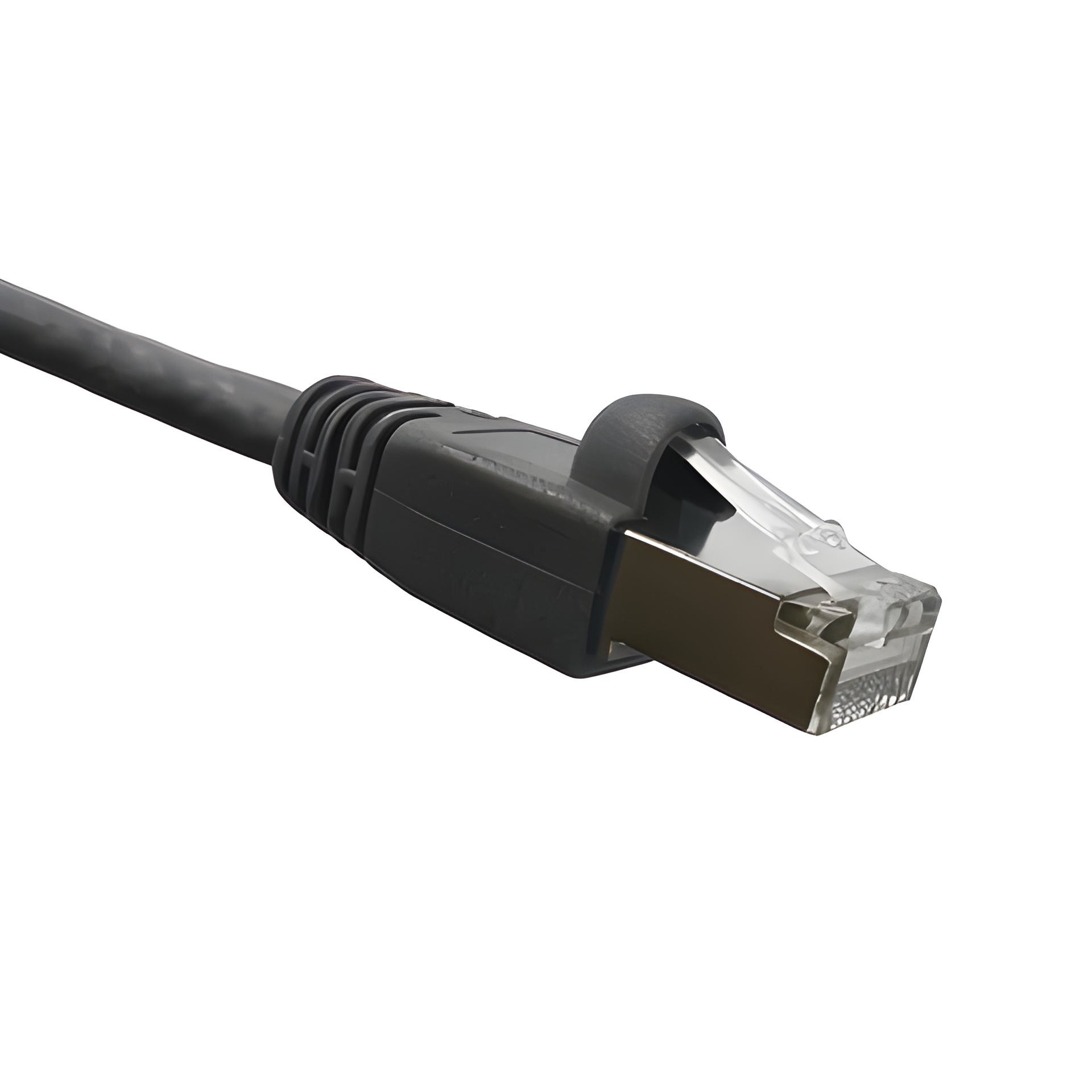 Black Cat6A double-shielded Ethernet cable with clear connector on a white background