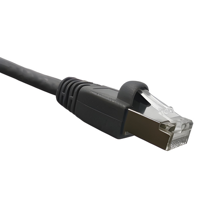 Black Cat6A double-shielded Ethernet cable with clear connector on a white background