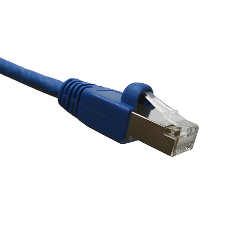 Blue Cat6A double-shielded Ethernet cable with clear connector on a white background