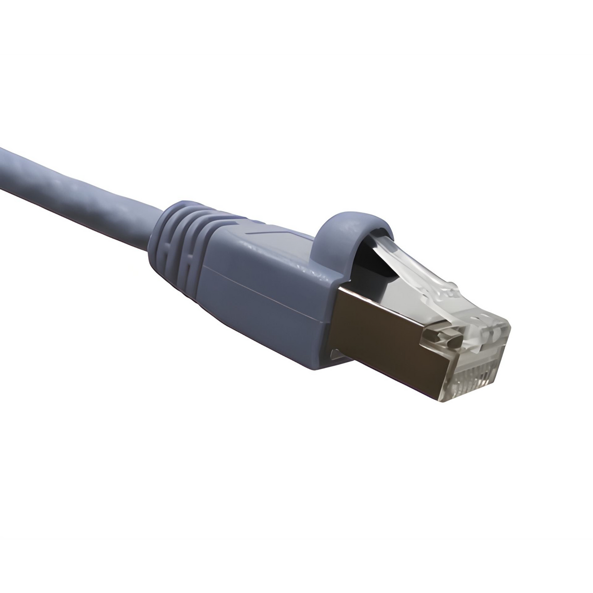 Gray Cat6A double-shieldedEthernet cable with clear connector on a white background