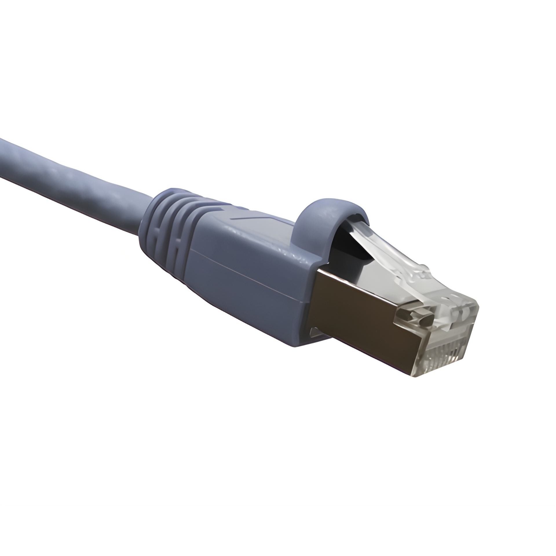 Gray Cat6A double-shieldedEthernet cable with clear connector on a white background