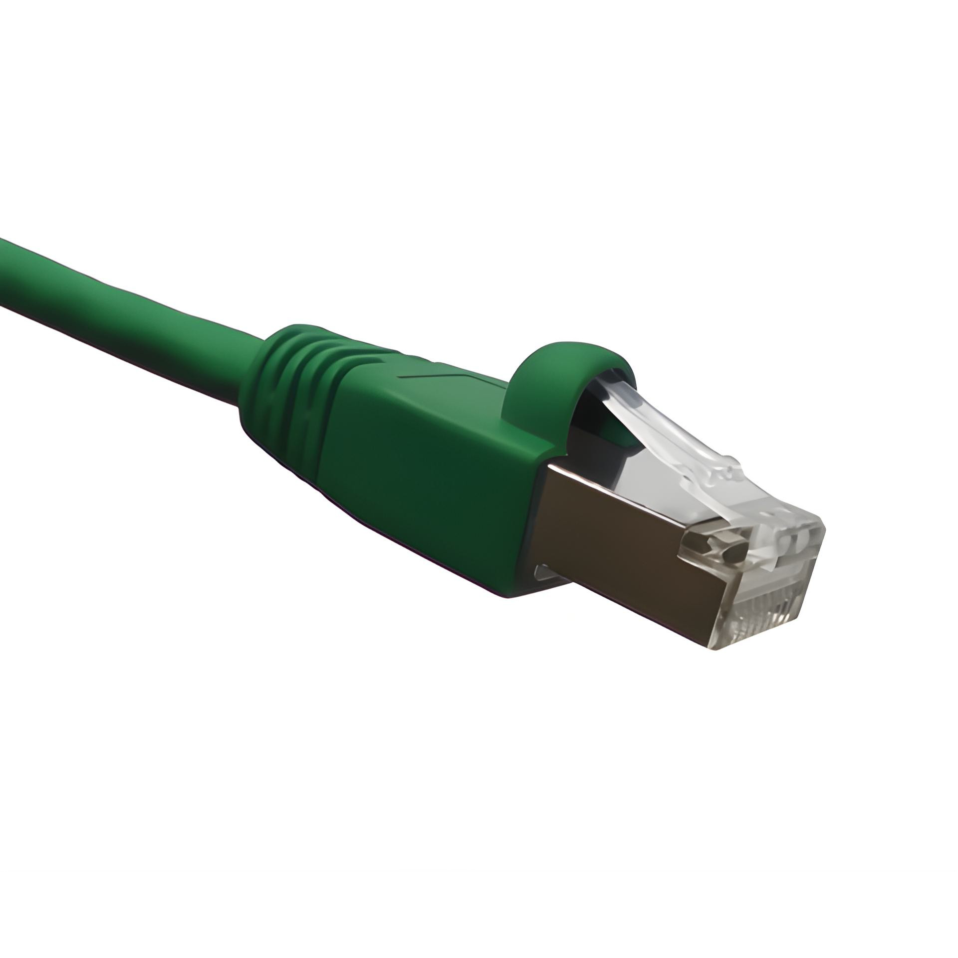 Green Cat6A double-shileded Ethernet cable on a white background