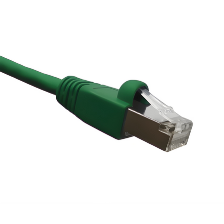 Green Cat6A double-shileded Ethernet cable on a white background