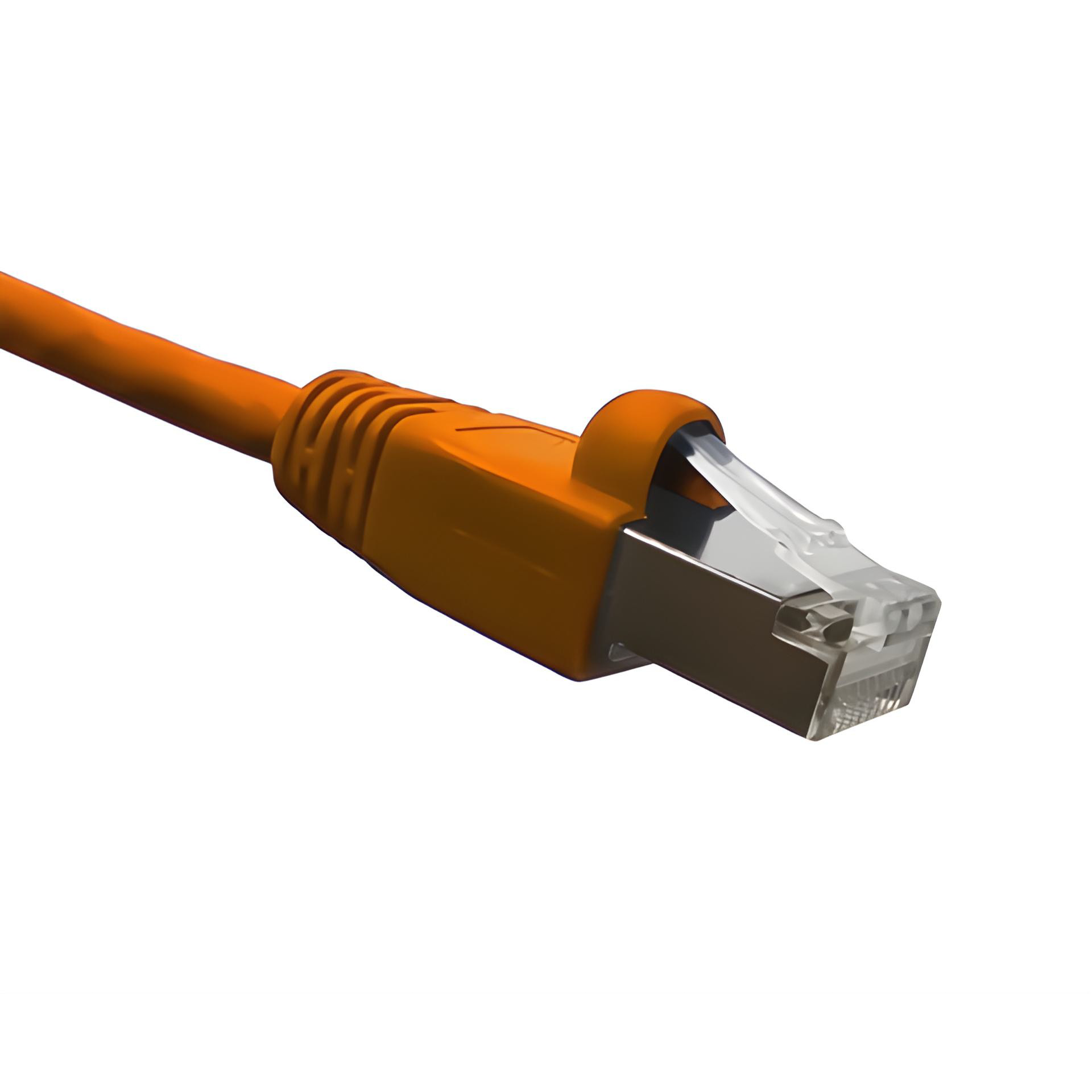 Orange cat6A double-shielded Ethernet cable with clear connector on a white background