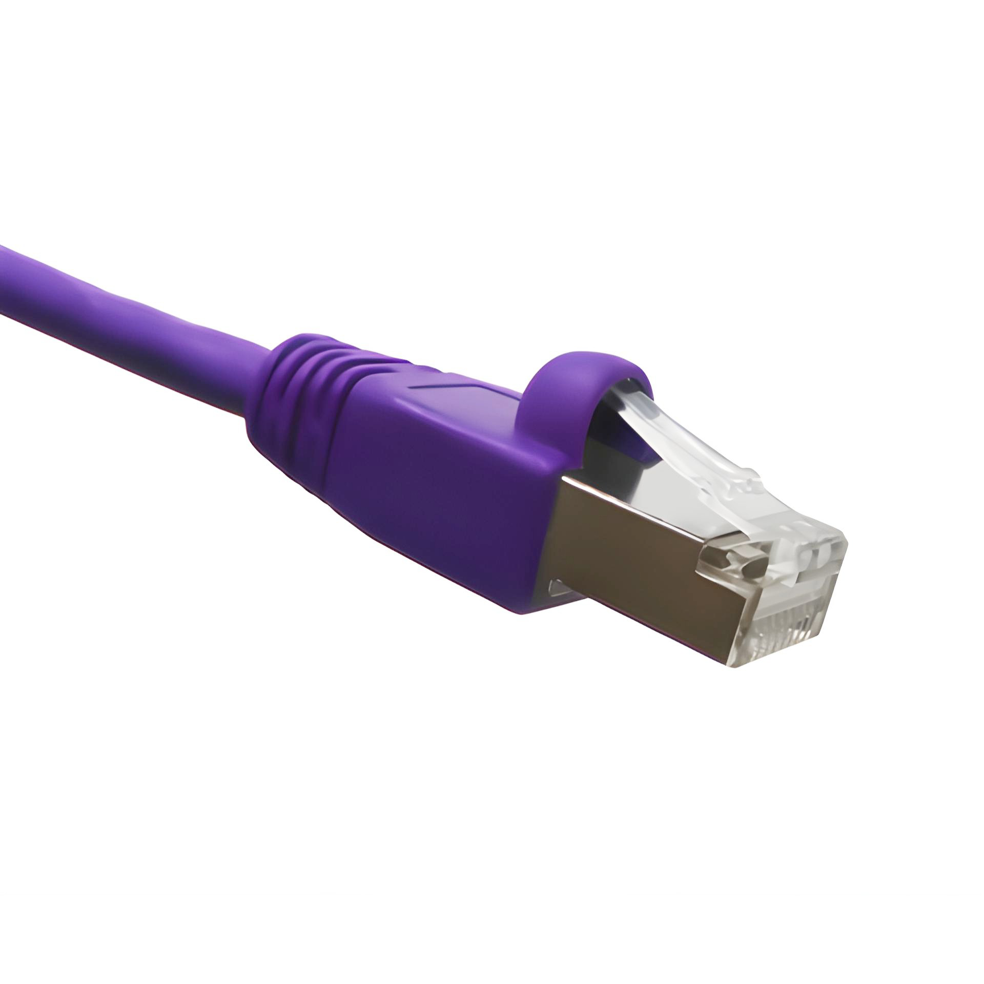 Purple Cat6A double-shielded Ethernet cable on a white background