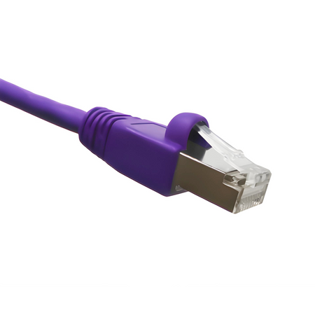 Purple Cat6A double-shielded Ethernet cable on a white background