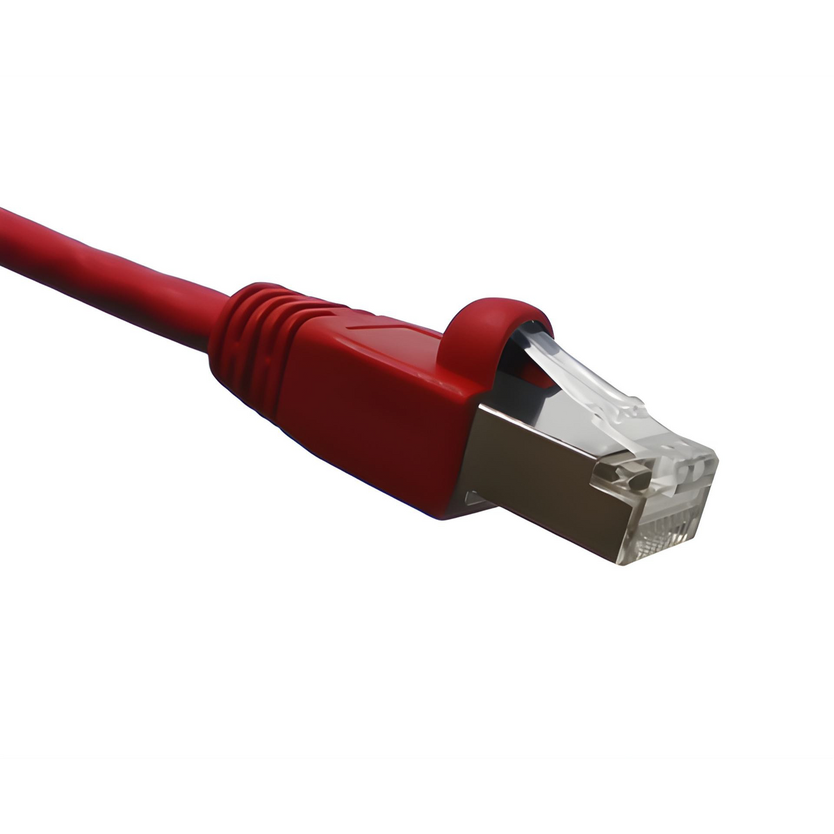 Red Cat6A double-shielded Ethernet cable with clear connector on a white background