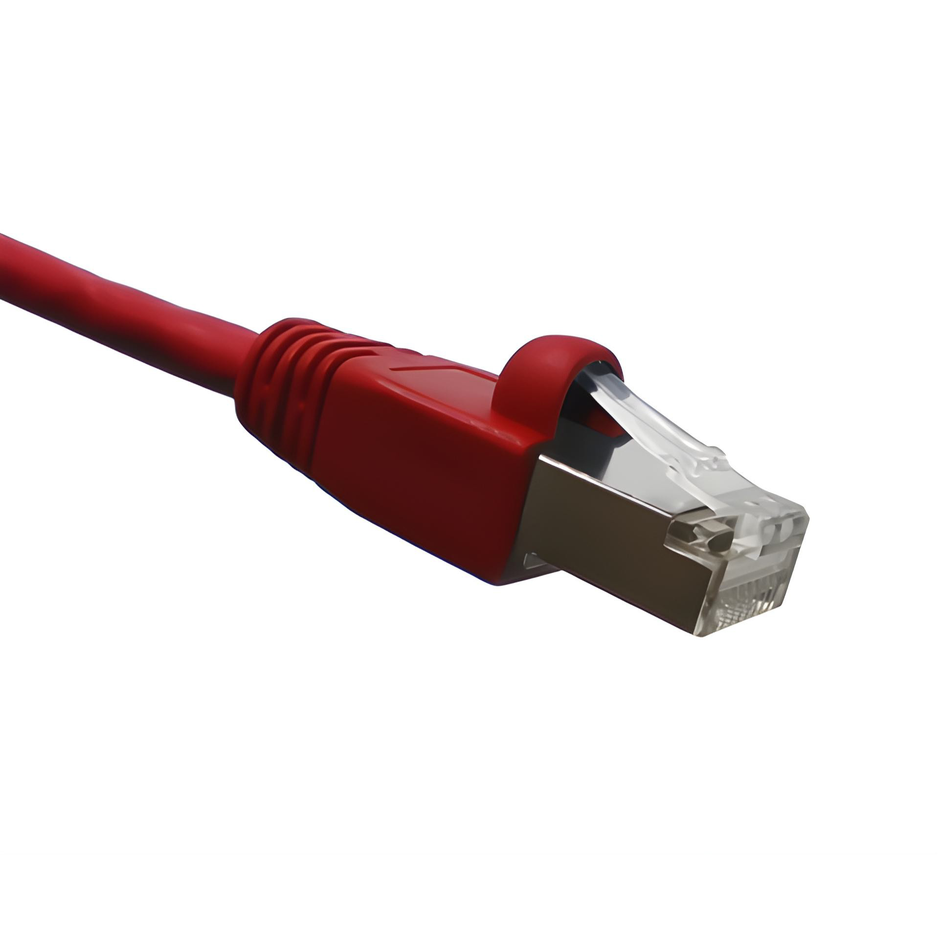 Red Cat6A double-shielded Ethernet cable with clear connector on a white background