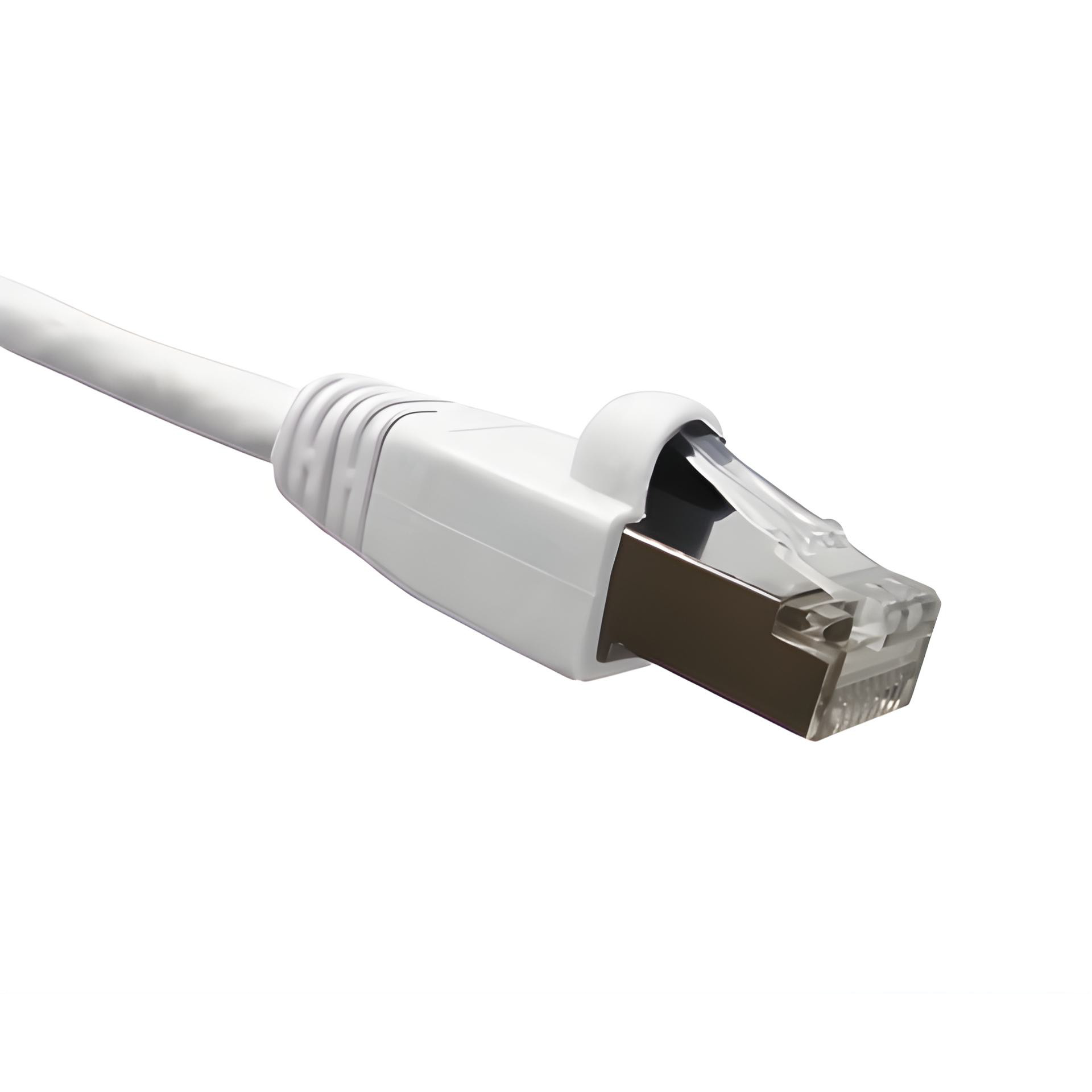 White Cat6A double-shielded Ethernet cable with clear connector on a white background
