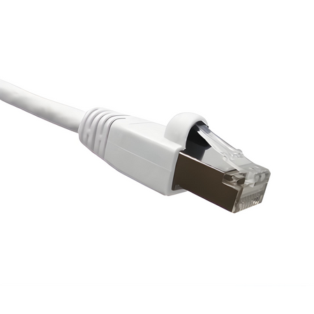 White Cat6A double-shielded Ethernet cable with clear connector on a white background