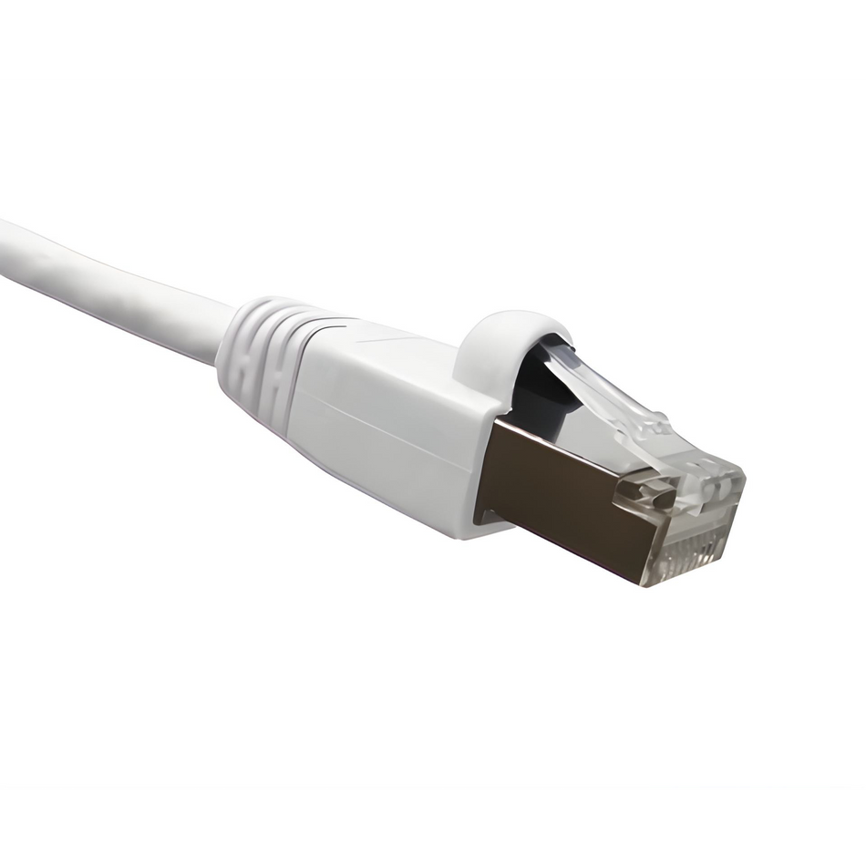 White Cat6A double-shielded Ethernet cable with clear connector on a white background