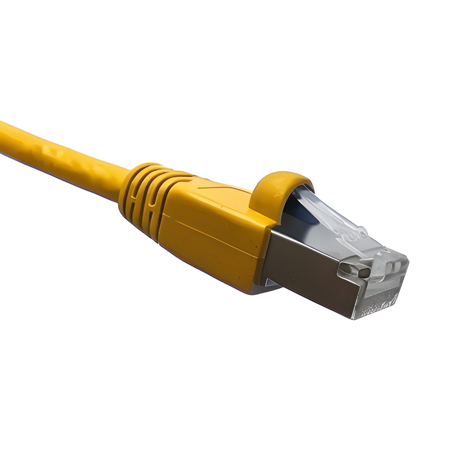 Yellow Cat6A double-shielded Ethernet cable with clear connector on a white background