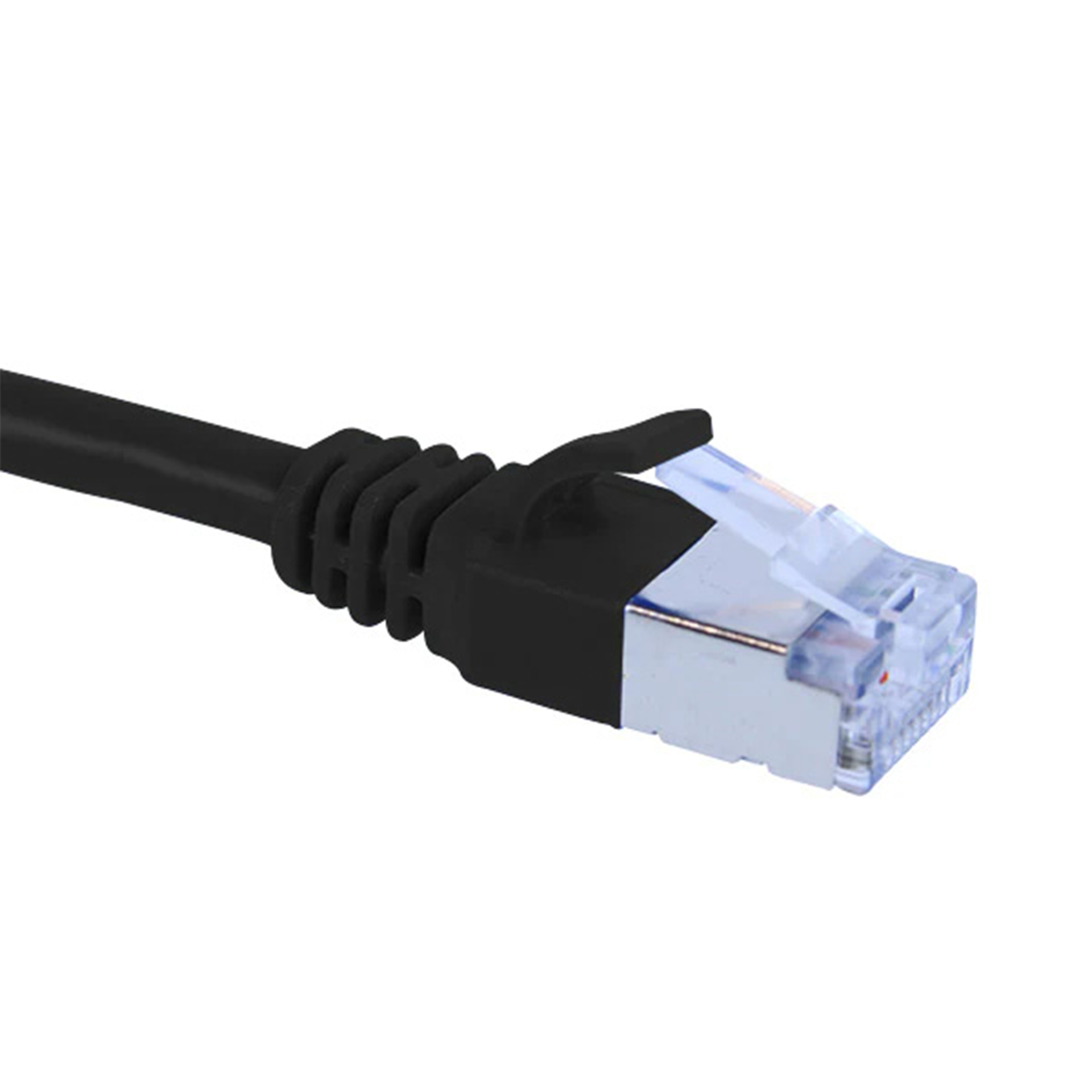 Black Cat6a slim shielded Ethernet cable with clear connector on a white background