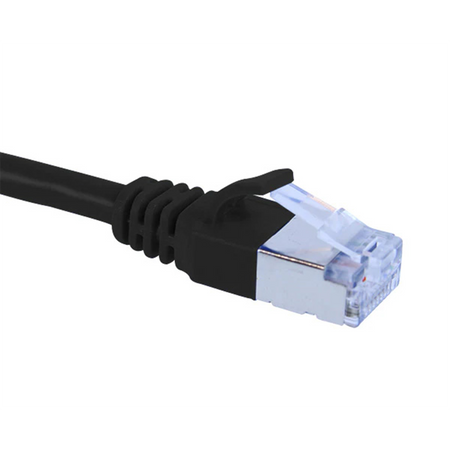 Black Cat6a slim shielded Ethernet cable with clear connector on a white background