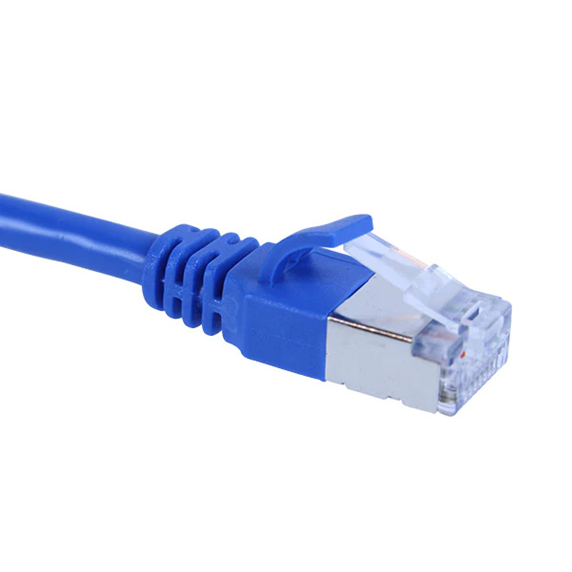 Blue Cat6a slim shielded Ethernet cable with clear connector on a white background