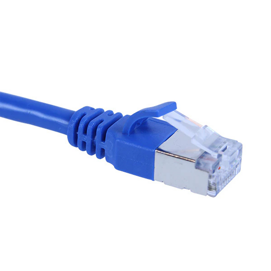 Blue Cat6a slim shielded Ethernet cable with clear connector on a white background