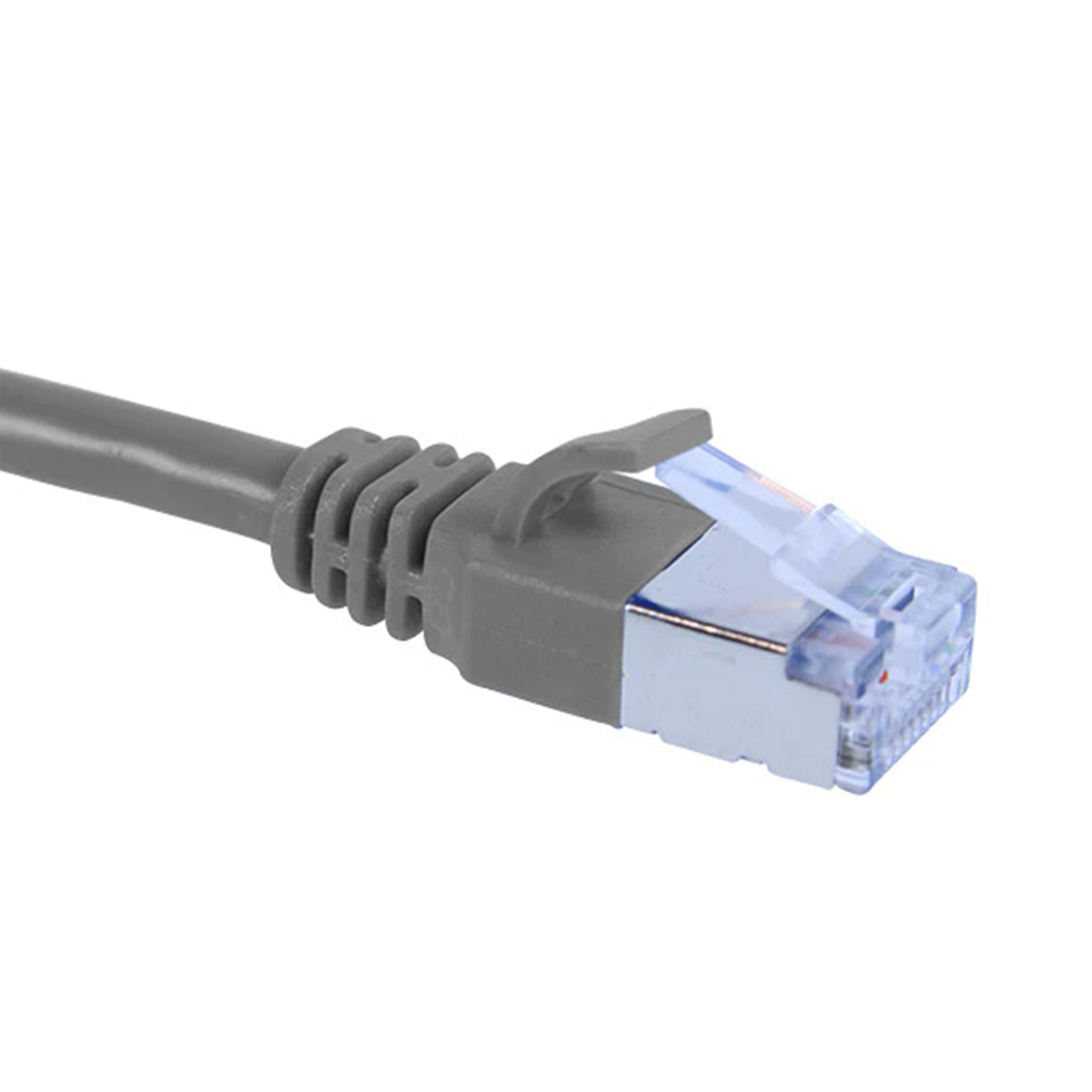 Gray Cat6a slim shielded Ethernet cable with clear connector on a white background