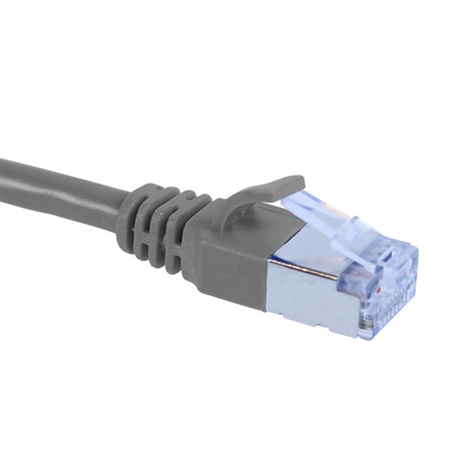 Gray Cat6a slim shielded Ethernet cable with clear connector on a white background