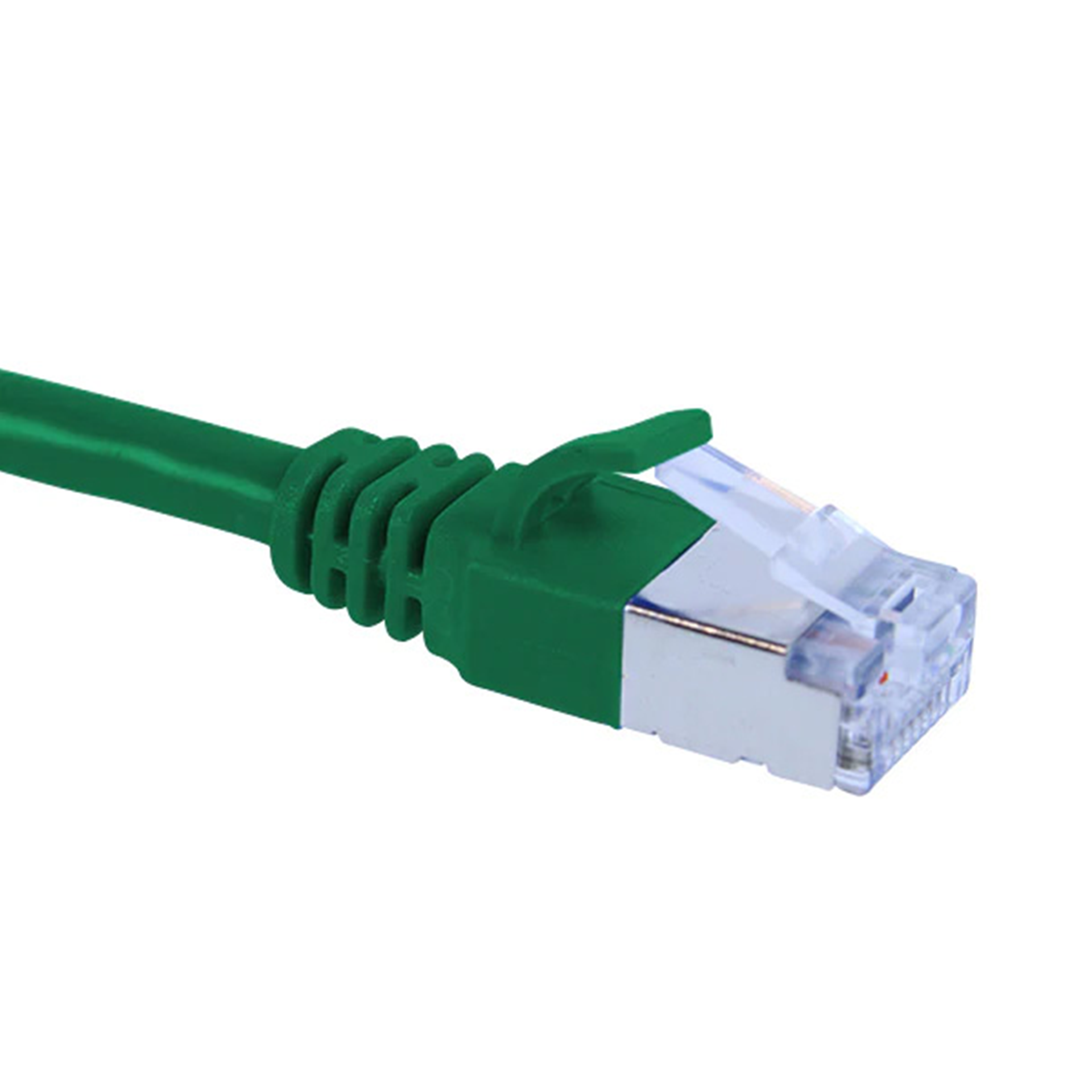 Green Cat6a slim shielded Ethernet cable with clear connector on a white background