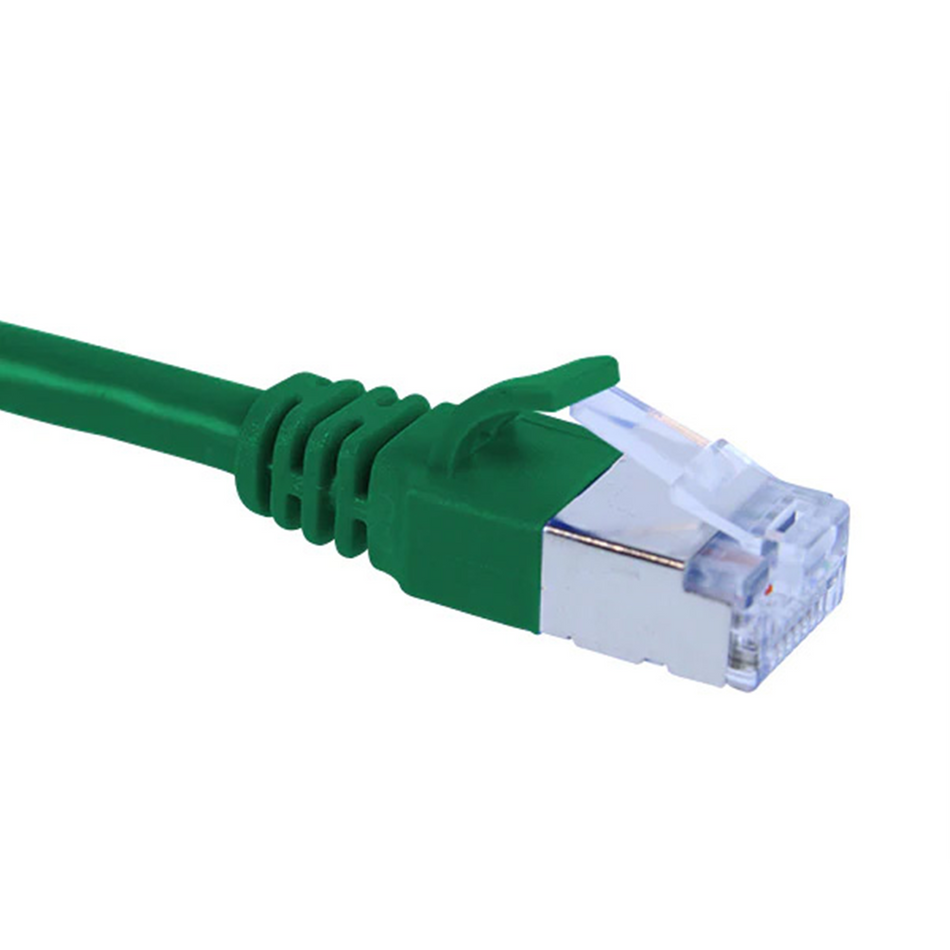 Green Cat6a slim shielded Ethernet cable with clear connector on a white background