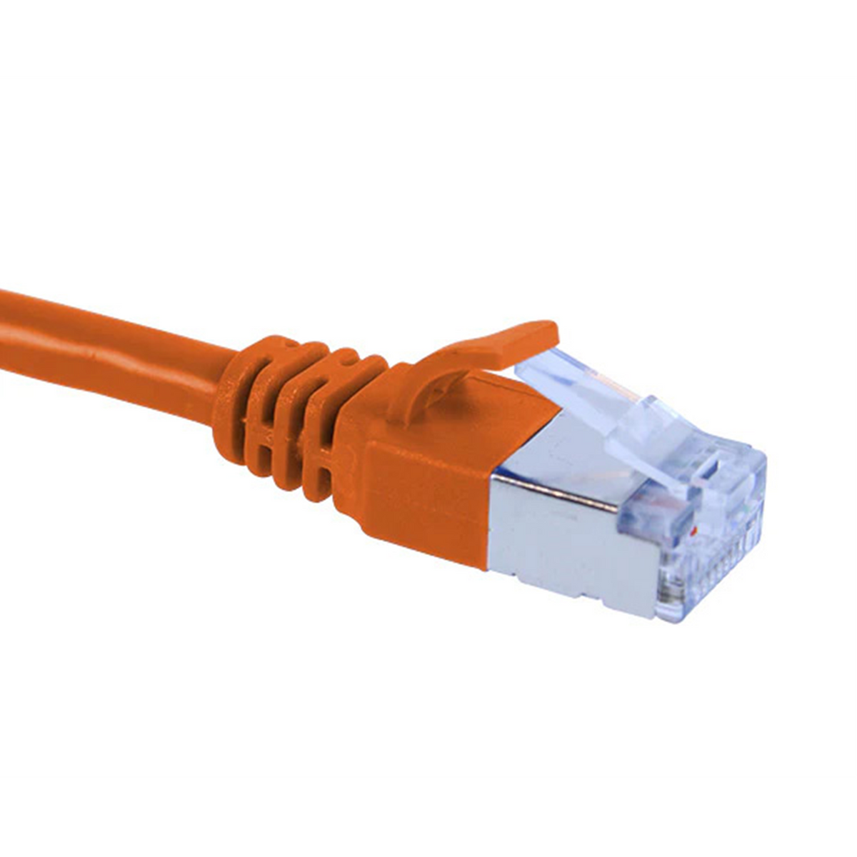 Orange Cat6a slim shielded Ethernet cable with clear connector on a white background