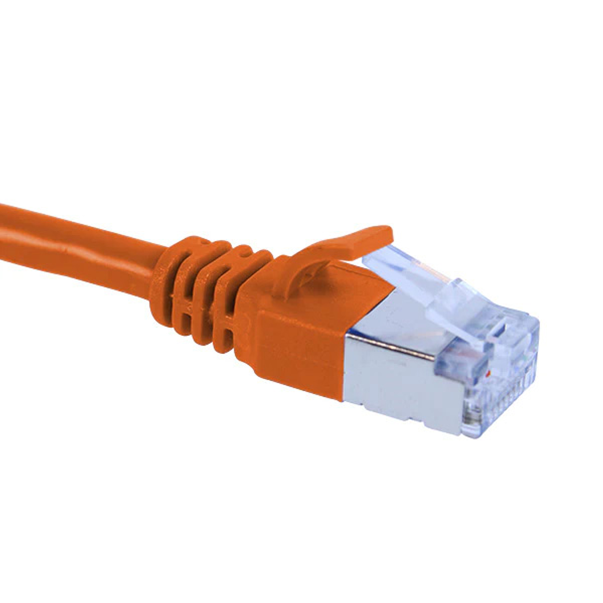 Orange Cat6a slim shielded Ethernet cable with clear connector on a white background