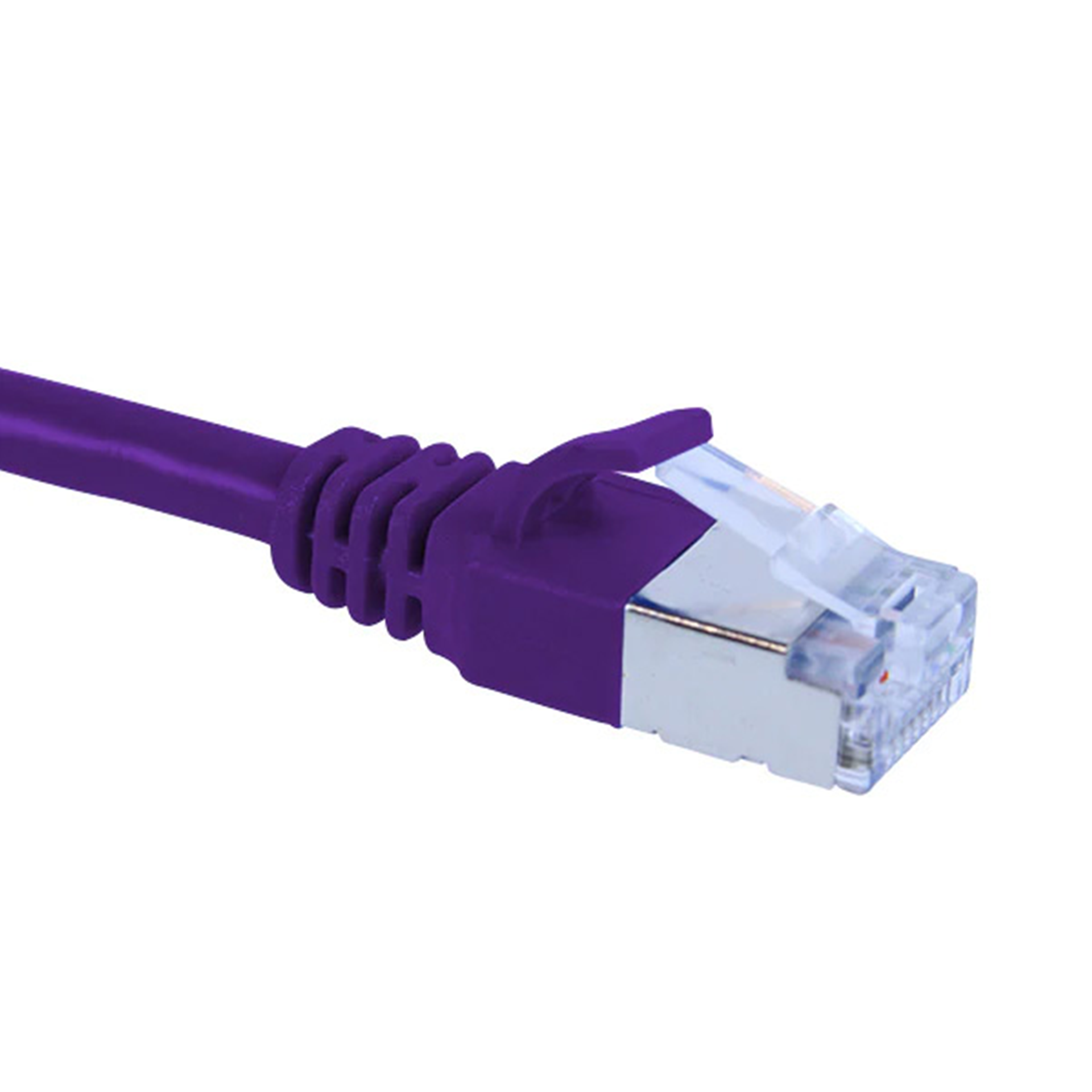 Purple Cat6a slim shielded Ethernet cable with clear connector on a white background