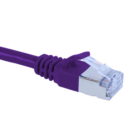 Purple Cat6a slim shielded Ethernet cable with clear connector on a white background