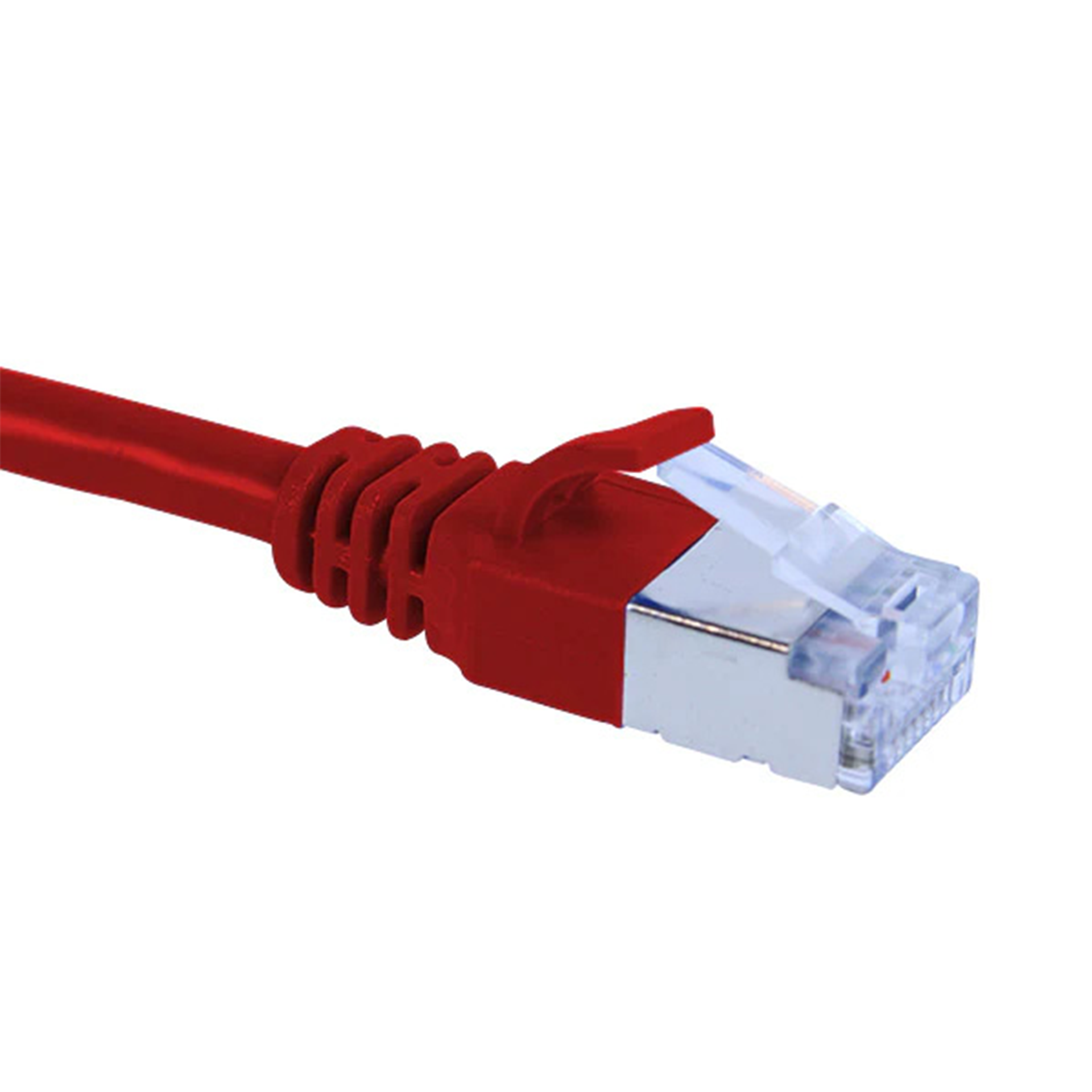 Red Cat6a slim shielded Ethernet cable with clear connector on a white background