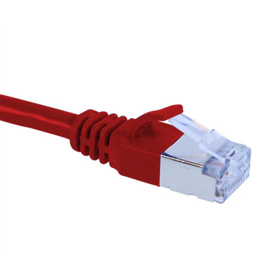 Red Cat6a slim shielded Ethernet cable with clear connector on a white background