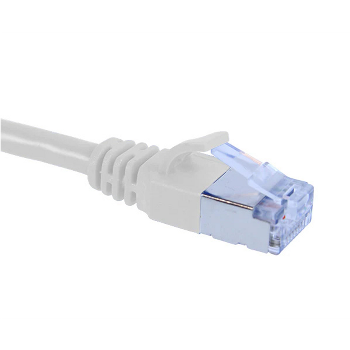White Cat6a slim shielded Ethernet cable with a blue connector on a white background