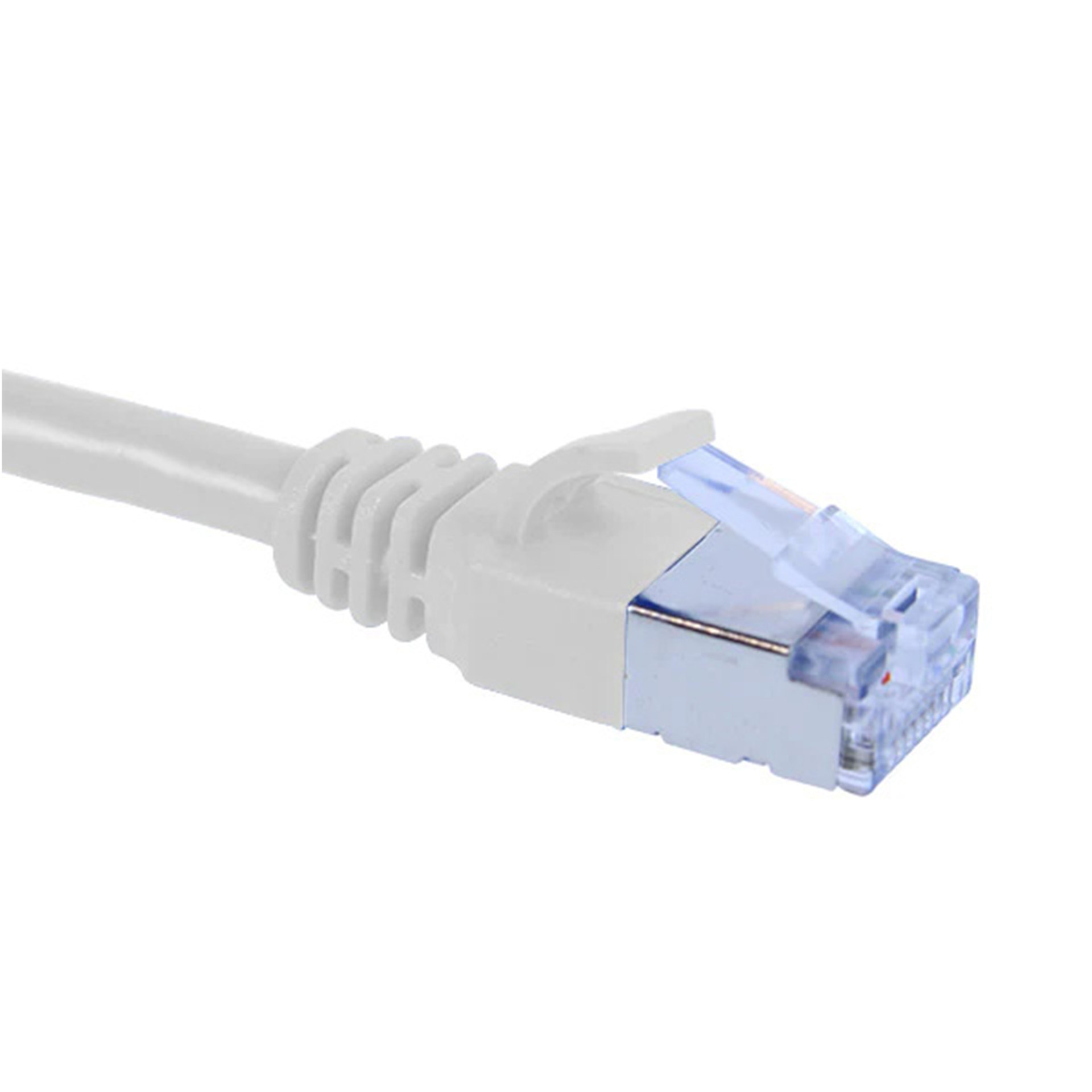 White Cat6a slim shielded Ethernet cable with a blue connector on a white background