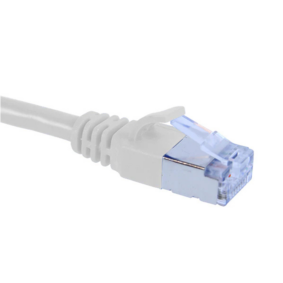 White Cat6a slim shielded Ethernet cable with a blue connector on a white background