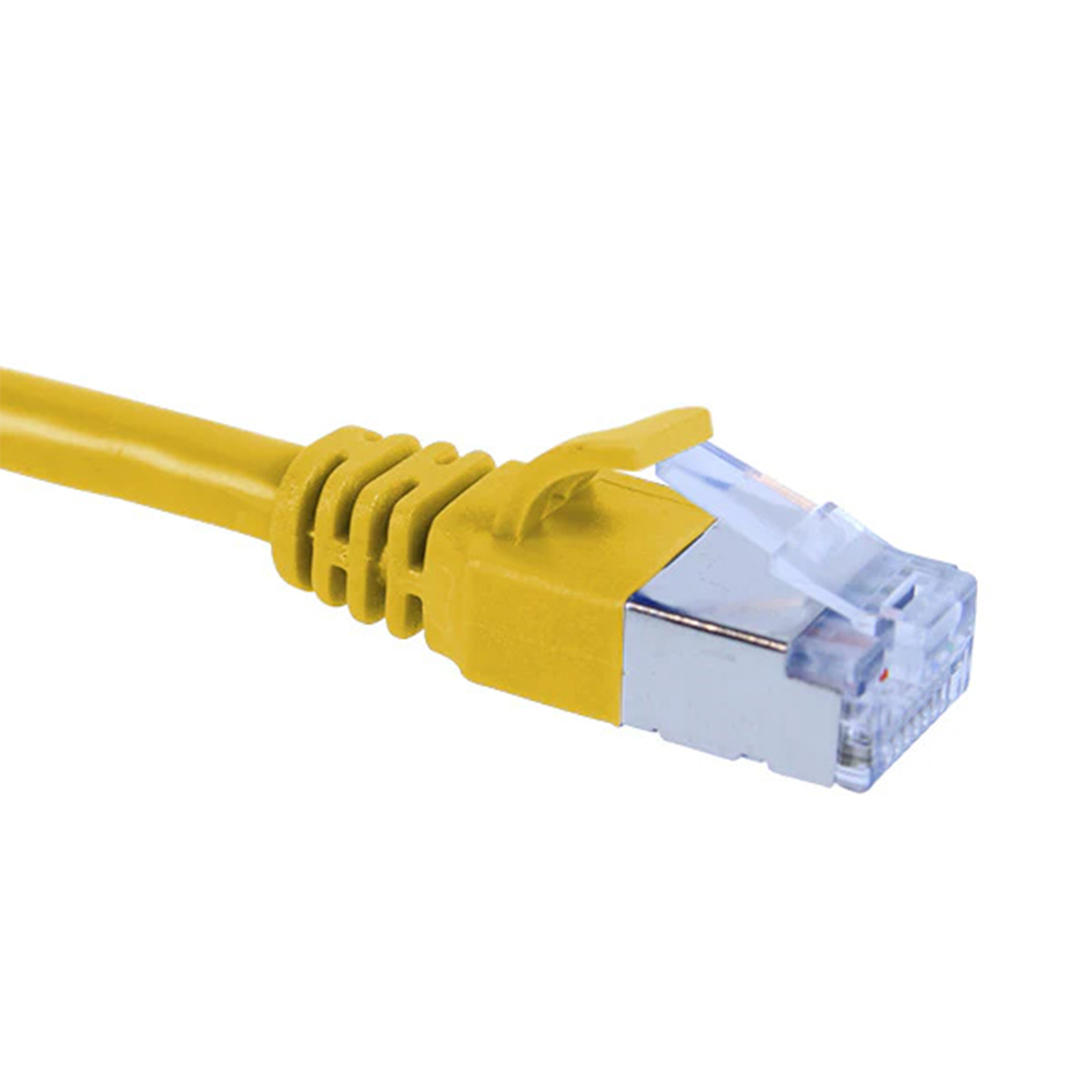 Yellow Cat6a slim shielded Ethernet cable with clear connector on a white background