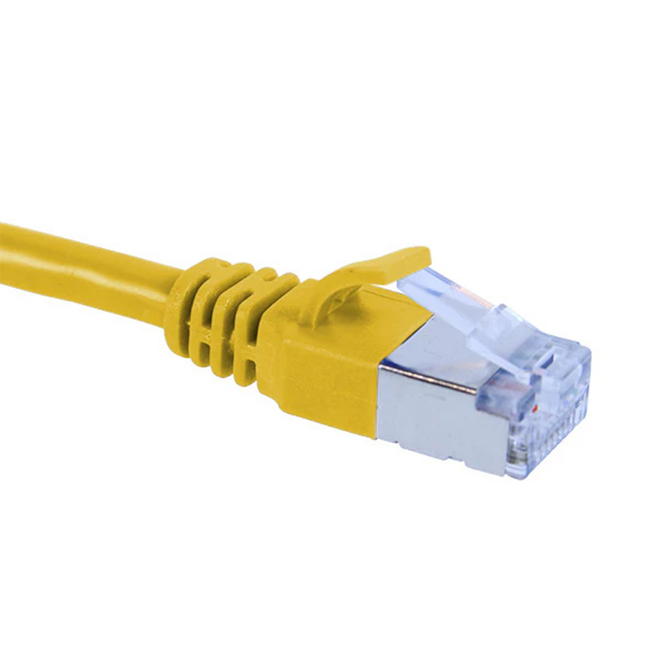 Yellow Cat6a slim shielded Ethernet cable with clear connector on a white background