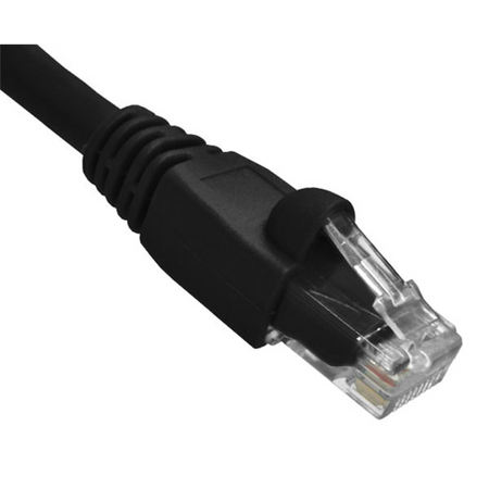 Black Cat6A Ethernet cable with clear connector on a white background