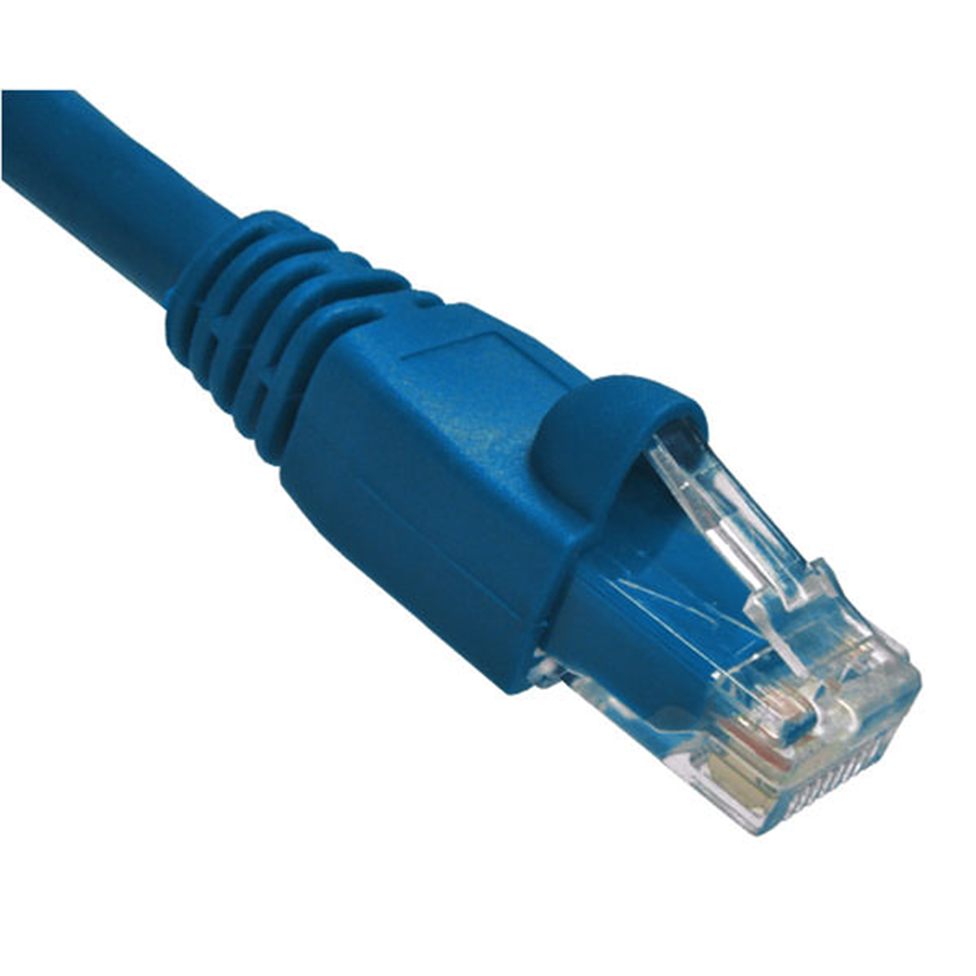 Blue Cat6A Ethernet cable with clear connector on a white background