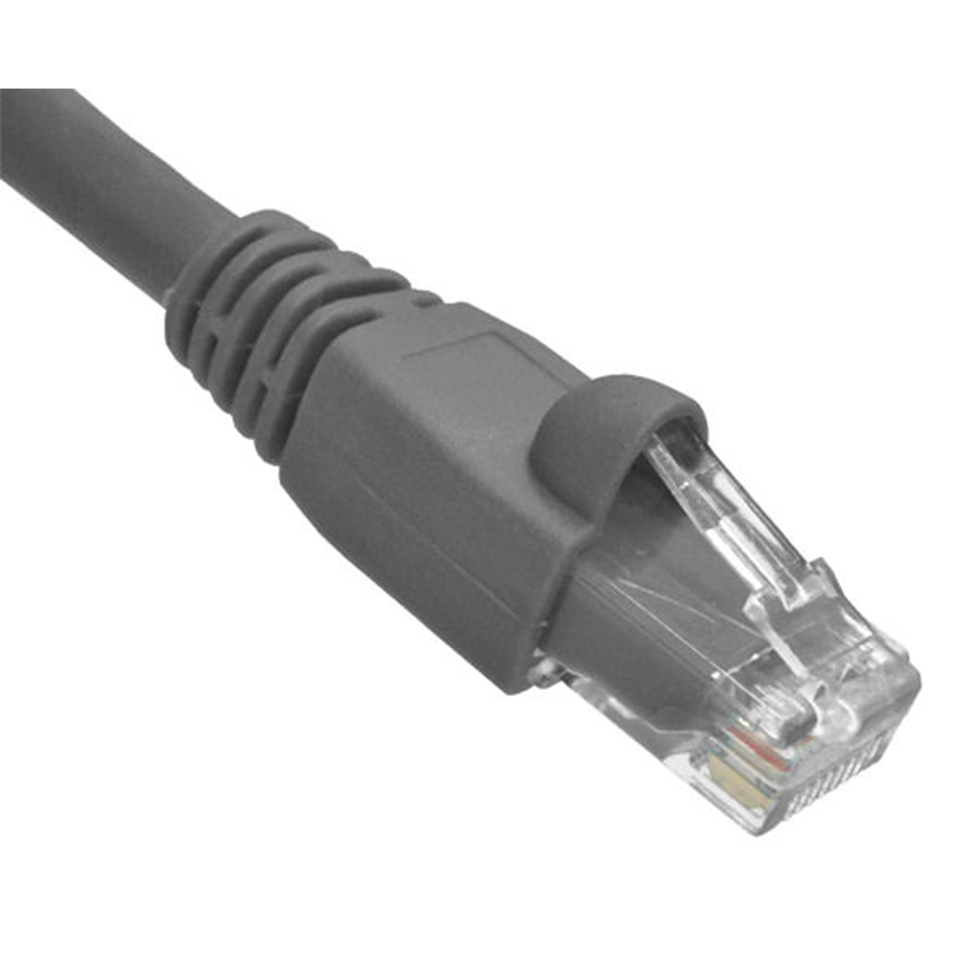 Gray Cat6A Ethernet cable with clear connector on a white background