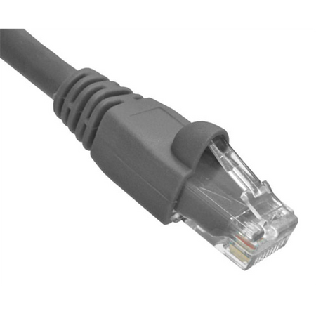 Gray Cat6A Ethernet cable with clear connector on a white background