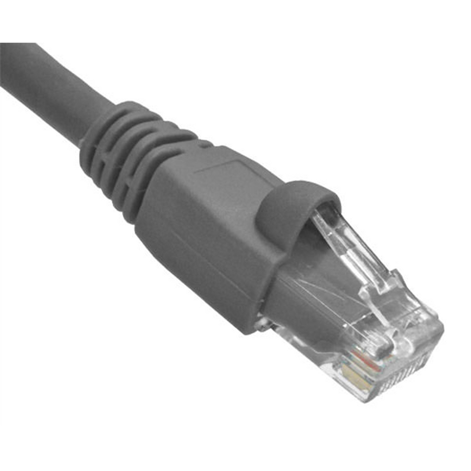 Gray Cat6A Ethernet cable with clear connector on a white background