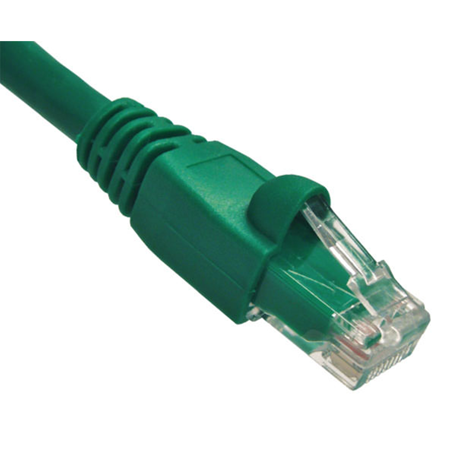 Green Cat6A Ethernet cable with clear connector on a white background