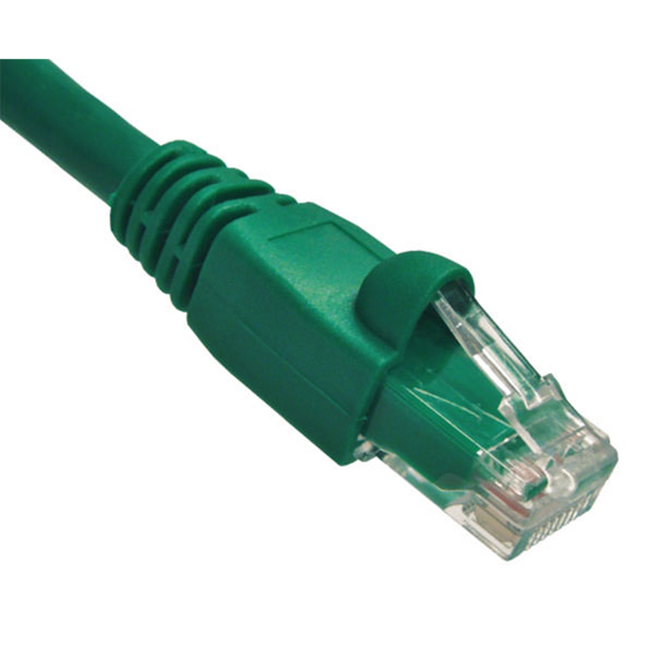 Green Cat6A Ethernet cable with clear connector on a white background